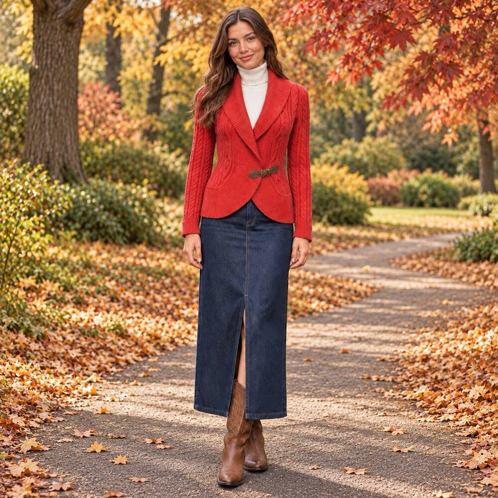 Talbots Small Rust Red Cable Knit Lambswool Blend Shawl Collar Buckle Cardigan